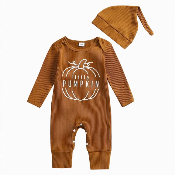 Nwiuh Infant Baby Boy Halloween Clothes Knit Long Sleeve Onesie Newborn Boy Pumpkin Jumpsuit Hat Set Brown for Size 3-6 Months