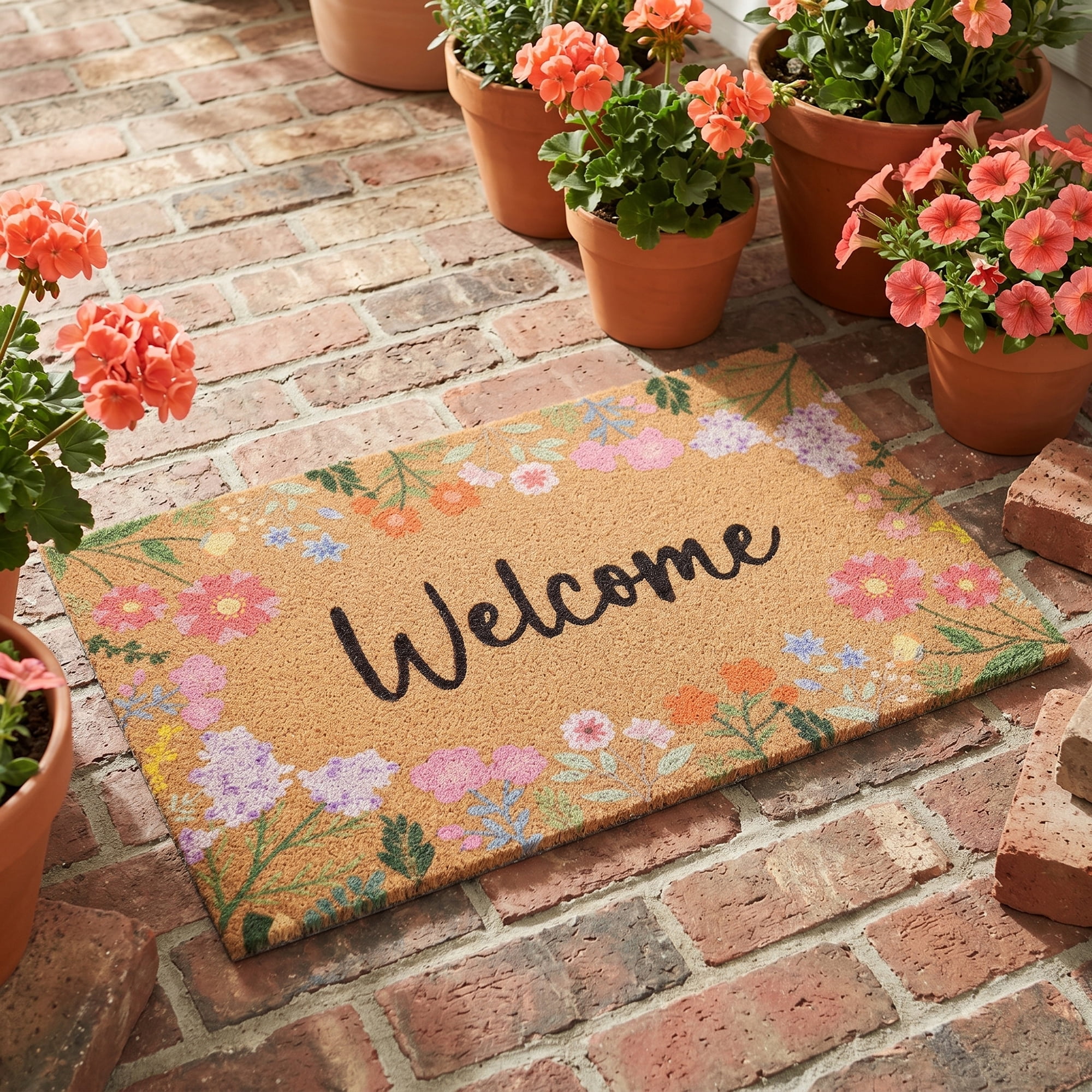 Unique Bargains Natural Coir Non-Slip Backing Waterproof Doormat Brown Flower 32" x 20"