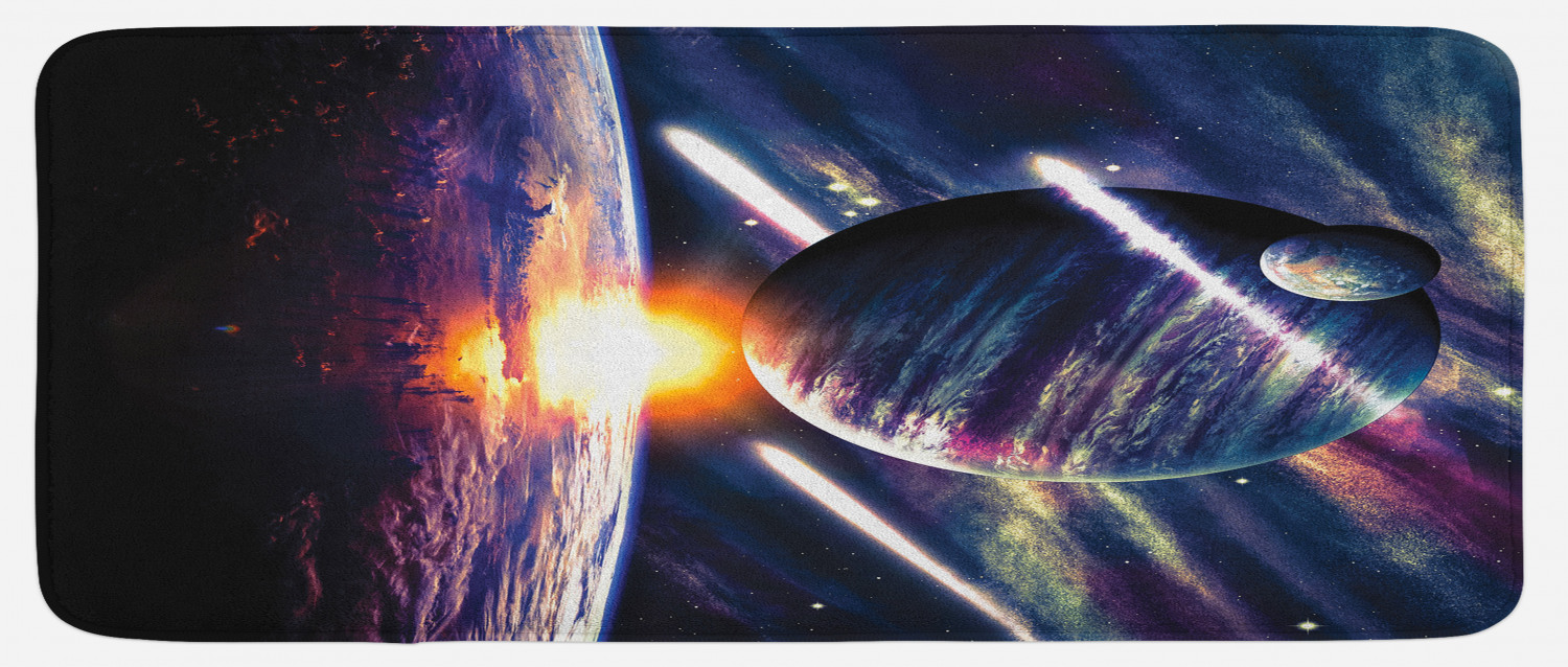 Galaxy Kitchen Mat, Moon Theme with Planet Earth and Sunlight in Outer ...