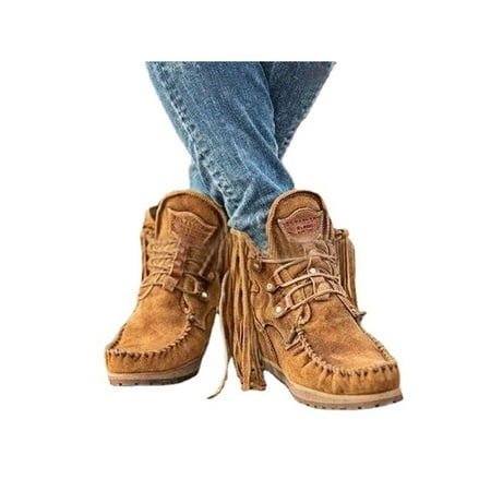 

Crocowalk Ladies Ankle Boot Retro Tassel Boots Faux Suede Wedge Heel Booties Casual Lace Up Bootie Women Fashion Round Toe Wedges Brown 5