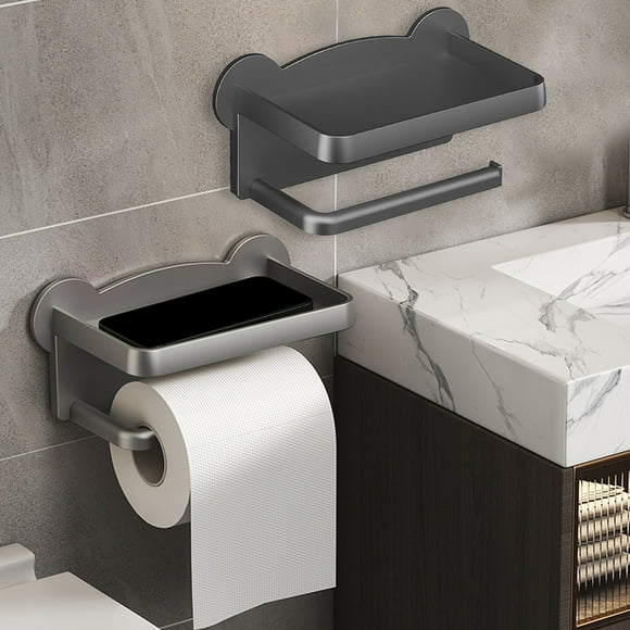 Soporte de papel higiénico ABS inoxidable independiente con estante para teléfono, Base estable, Fácil instalación, 21x10x11cm, Blanco, Accesorio de baño, Diseño moderno, Montaje en pared o adhesivo