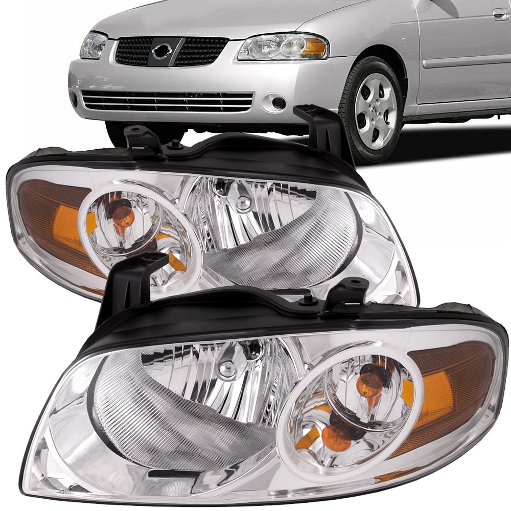 HEADLIGHTSDEPOT Chrome Housing Halogen Headlights Compatible With Nissan Sentra 2004-2006 Base And S Model Includes Left Driver and Right Passenger Side Headlamps 