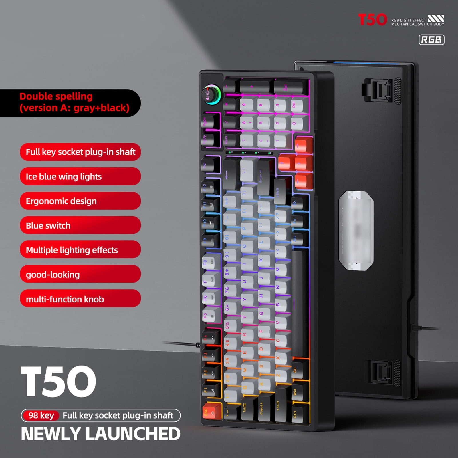 LED T50 RGB Mechanical Keyboard Hot Swappable Blue Switch Dynamic Lighting Ergonomic Design for PC Gaming Typing Work