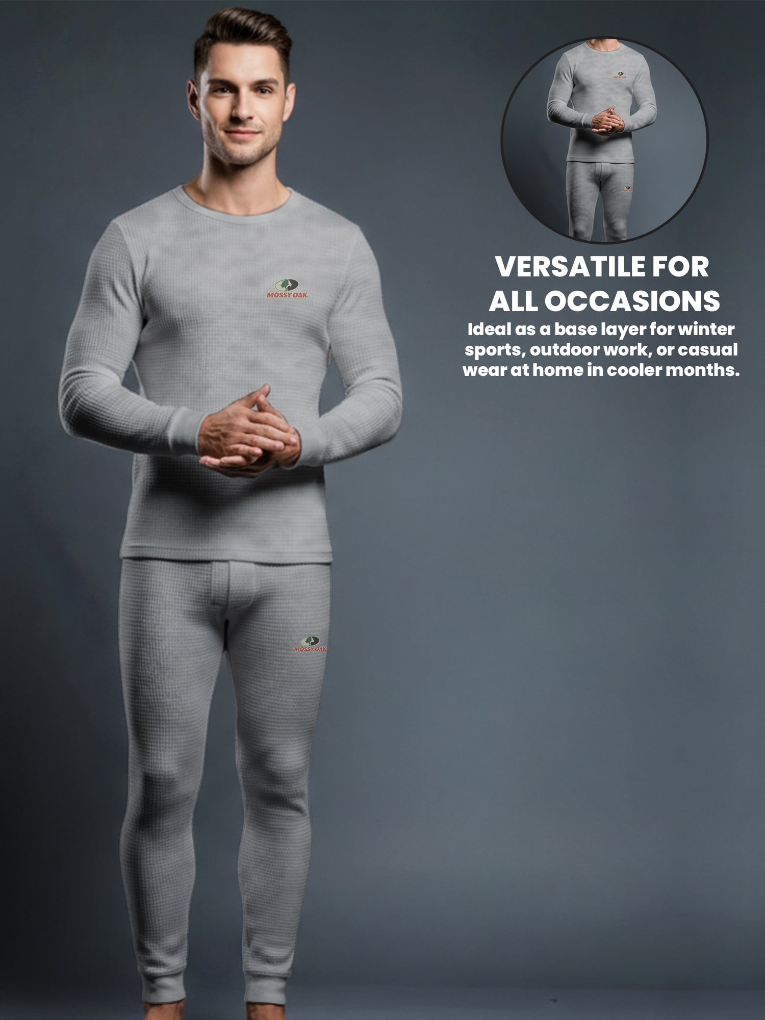 Mossy Oak Mens Thermal Underwear Set Insulated Shirt & Long Johns, Grey Heather 2X