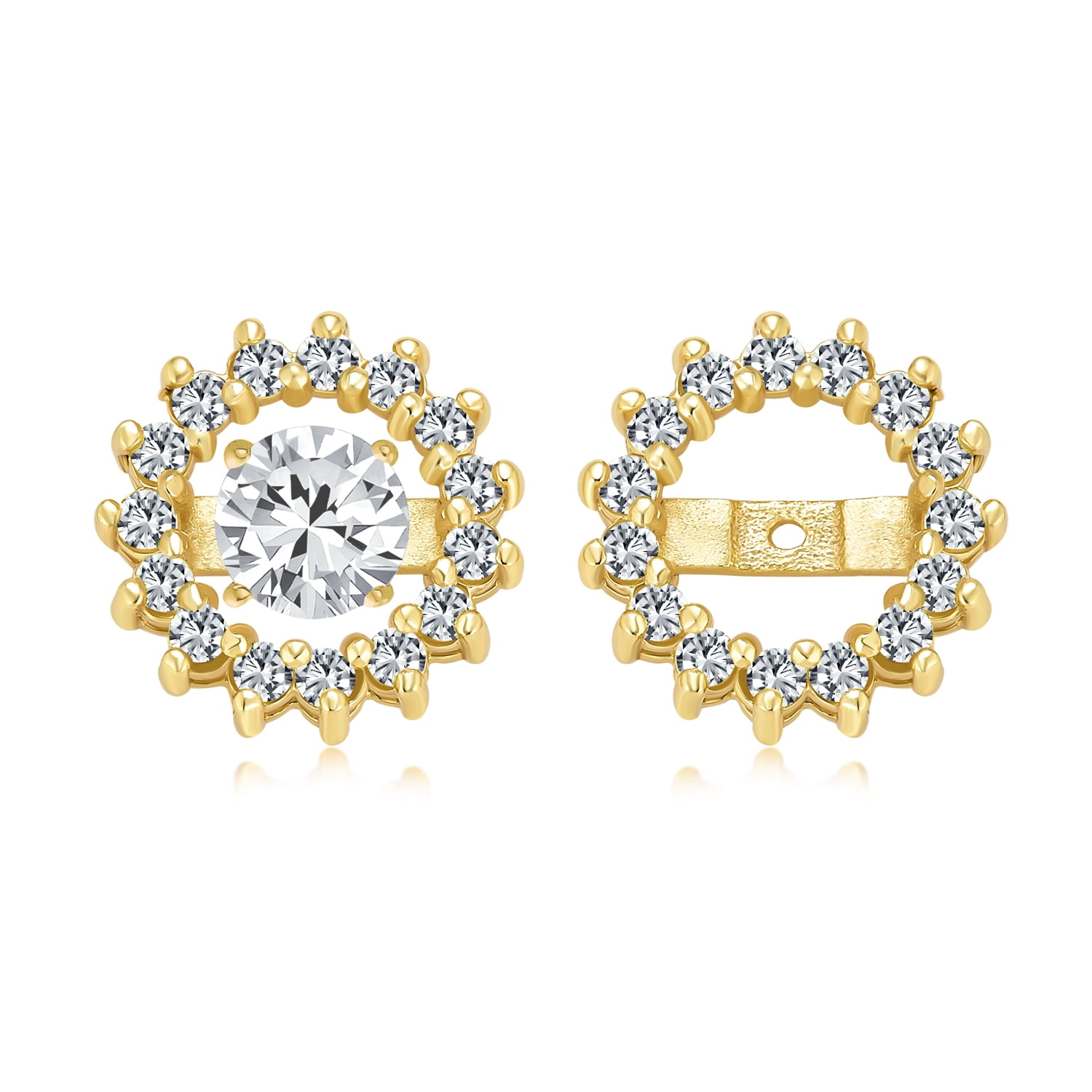 14K Yellow Gold Plated Round AAA Cubic Zirconia Oval Shape Flower Stud Earrings For Women
