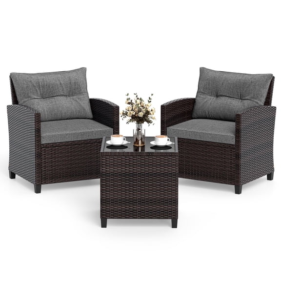 3-Piece Grey Wicker Outdoor Conversation Set With Tempered Glass Tabletop And Cushions