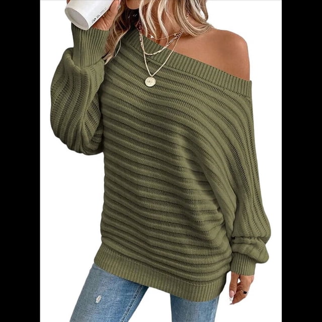 Suéteres de Otoño para Mujer, Hombros Descubiertos, Mangas Murciélago, Tops de Punto Texturizados, Suéter Extragrande de un Solo Hombro. Verde L
