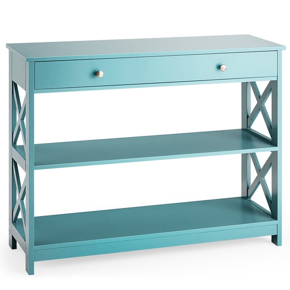LILEYI 3-Tier Entryway Table with Storage, Narrow Console Table w/Drawers & Shelves, X-Design Sofa Side Tables for Hallway, Modern Entry Tables for Foyer Living Room Bedroom,Turquoise