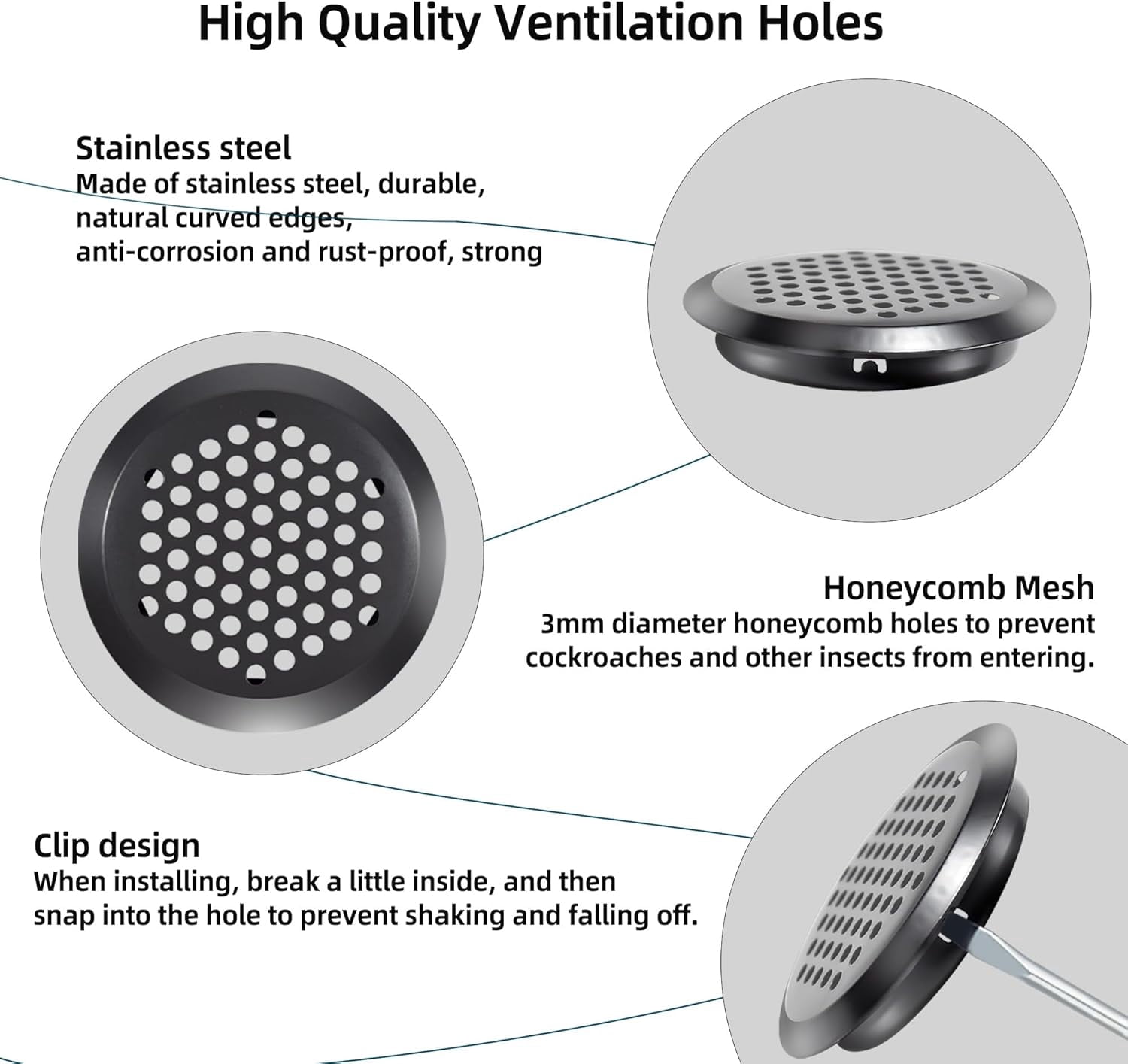 50 Pcs Round Soffit Vents 2 inch/53 mm Circular Air Vents Stainless Steel Circular Soffit Vents Mesh Hole Louver for Wardrobe Cabinet Shoe Cabinets Kitchen (Black)