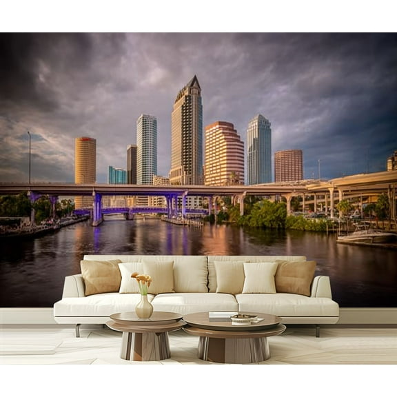 Peel and Stick Wallpaper Waterproof Skyline downtown Tampa Hillsborough river under foggy sky Wall Mural Decor Self Adhesive and Removable 69in x 98in