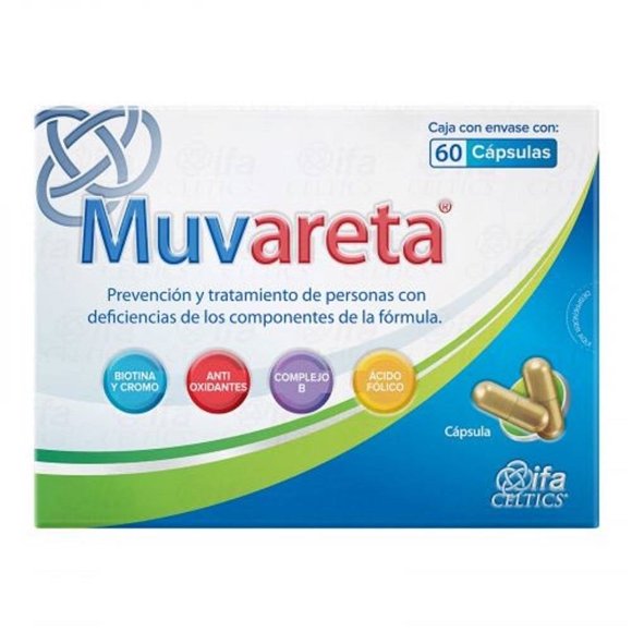 Muvareta Biotina, cromo, antioxidantes, complejo B, acido folico caja con envase con 60 capsulas