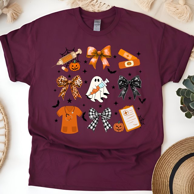 Nurse Graphic T-Shirt | Cute Ghost with Syringe and Bow Design Tee, Maroon, Size S