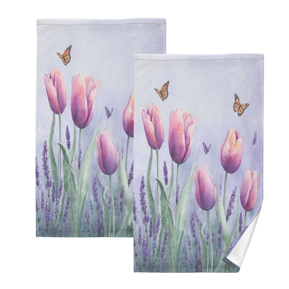 2 Pcs Absorbent Face Towel Bath Hand Towels Soft Breathable Cotton Towel Set for Bathroom Kitchen Hotel Spa Decor Watercolor Tulips and Lavender