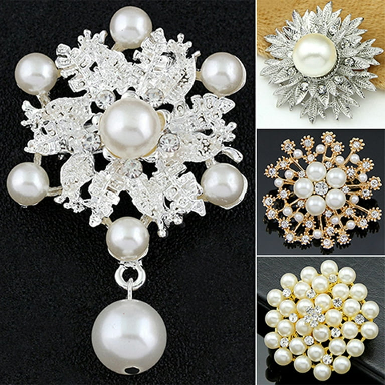 Besufy Women Brooch Alloy Flower Faux Pearls Brooch Crystal Pin Brooches  Wedding Party Jewelry