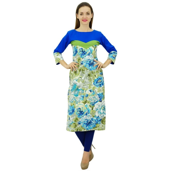 Phagun Women's Cotton Blue Kurti Floral Kurta Dress 3/4 Sleeve Blue Tunic-12