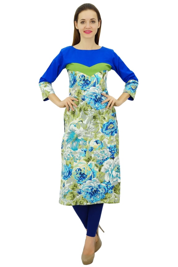 Women's Cotton Blue Kurti Floral Kurta Dress 3/4 Sleeve Blue Tunic-4