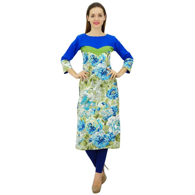Phagun Kurti Bleu en Coton pour Femme, Kurta-Robe à Fleurs, Tunique Bleue à Manches 3/4-12