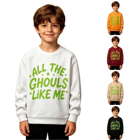 Glow In The Dark Halloween Print Boys Hoodie Sweatshirt Cozy Lined Long Sleeve Round Neck Fall Winter Youth Pullover Apparel Halloween Costumes Boy