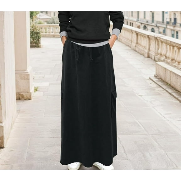 Women's pure cotton drawstring elastic waist black ankle length long skirt