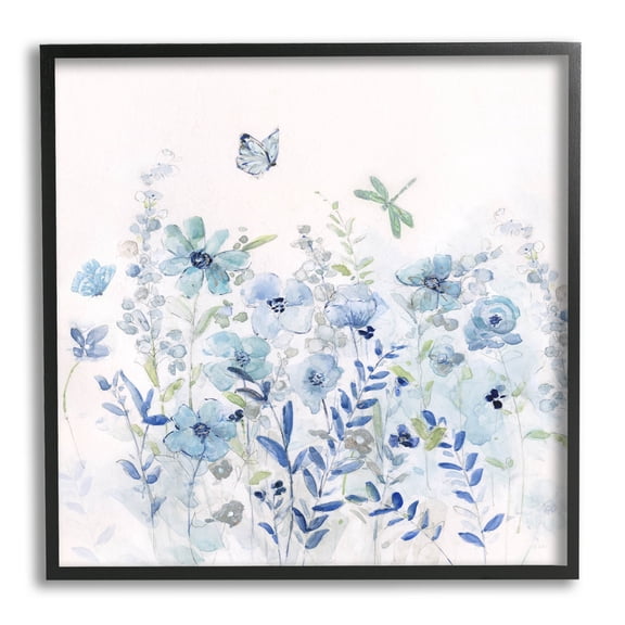 Butterfly Fluttering Blue Flowers Botanical & Floral Graphic Art Black Framed Art Print Wall Art