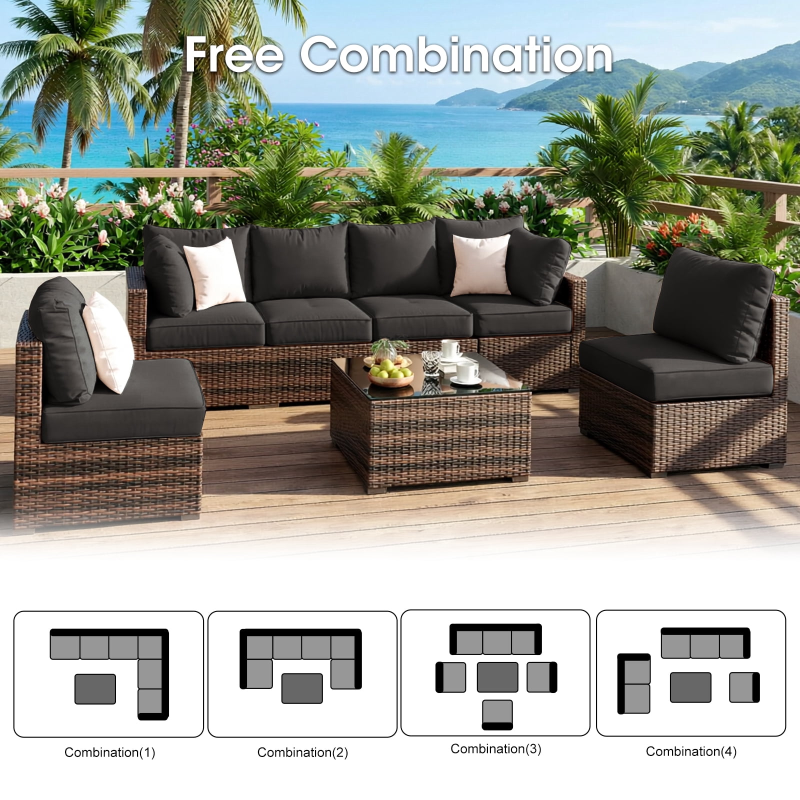 Gaildon 7 Patio Outdoor Furniture Wicker Sectional Sofa Couch Lawn Sectional Black Glass Table, Black