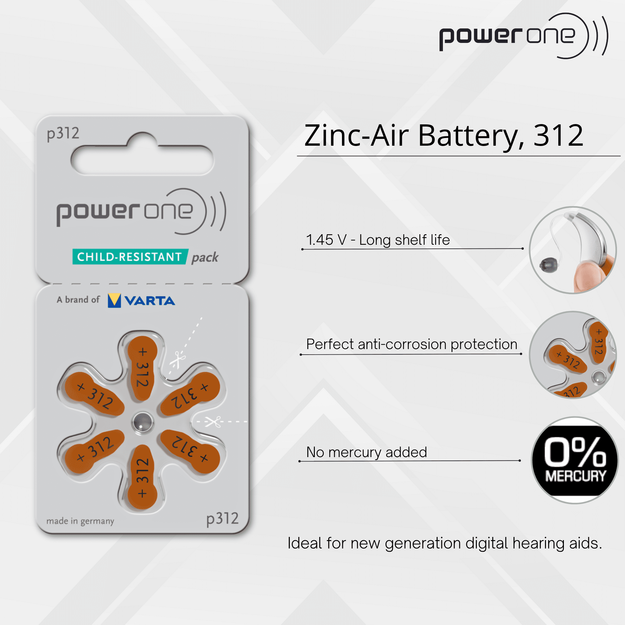 Powerone Size 312 Zinc Air Hearing Aid Batteries, 170mAh 1.45V
