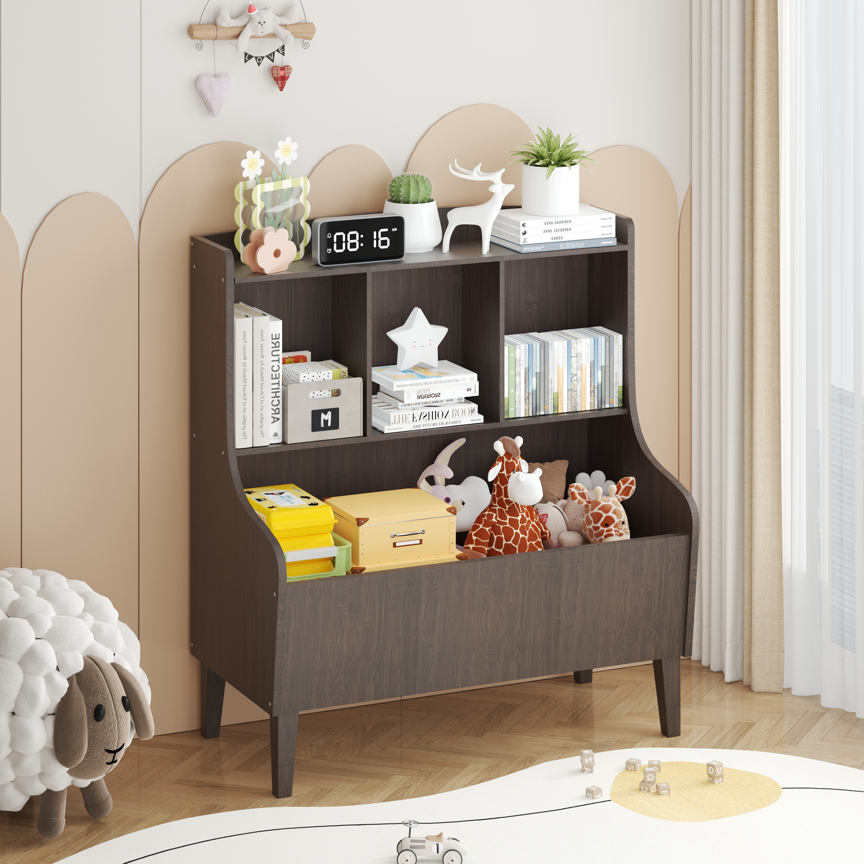 BALANBO Toy Storage Organizer, Kids Bookshelf Market Bin Cubby, Toy Chest for Playroom, Walnut