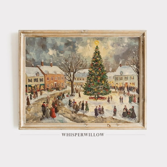 Zuno Vintage Winter Village Scene With Christmas Tree And Festive Crowd , Able Download, Snowy Holiday Landscape Wall Decor- Wall Art Print, 8x12 UNFRAMED