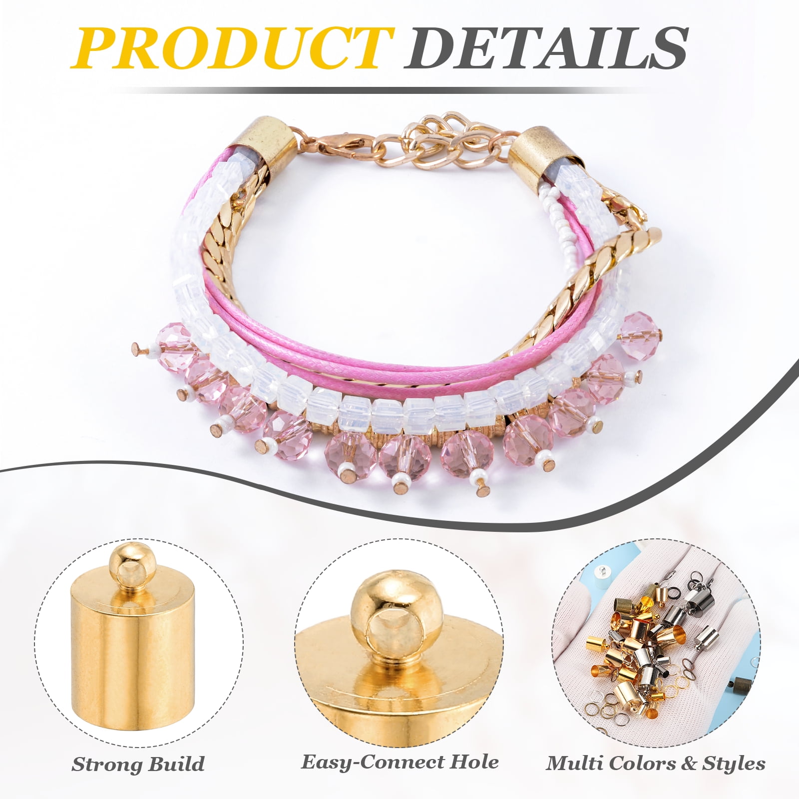 Uxcell 300Pcs Leather Cord End Caps, 9.5mm ID Tassel Barrel End Caps with Jump Rings for Jewelry Making Findings DIY Bracelet Necklace, Bright Gold Tone