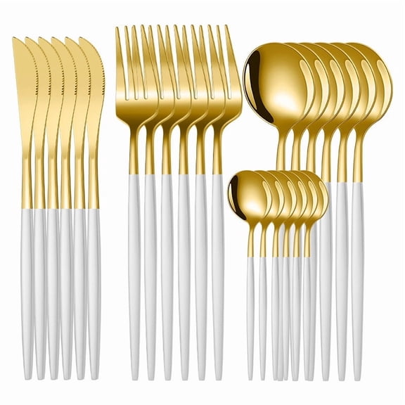 suxuMhao Flatware Sets,24-Piece Stainless Steel Silverware Set (Gold & White,Universal Size)-6 Each of Table Knife/Fork/Large Soup Spoon/Small Spoon,Ideal Cutlery Set for Kitchen,for Daily Use​