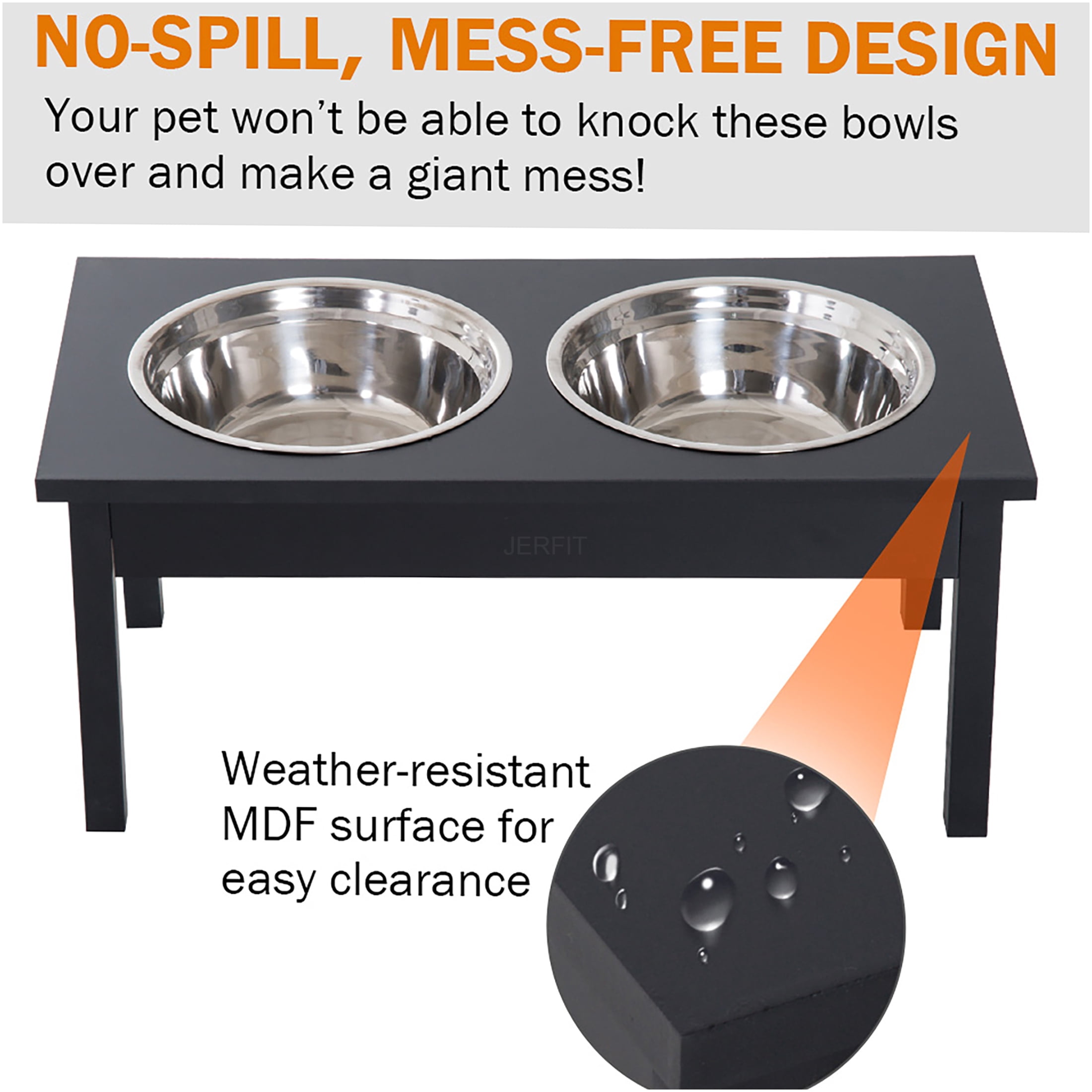 JERFIT 23 Inch Elevated Dog Feeder Stand with 2 Stainless Steel Bowls, Anti-Slip Pet Dining Station for Improved Digestion, Wooden Raised Food & Water Bowl Holder for Medium Large Dogs, Black