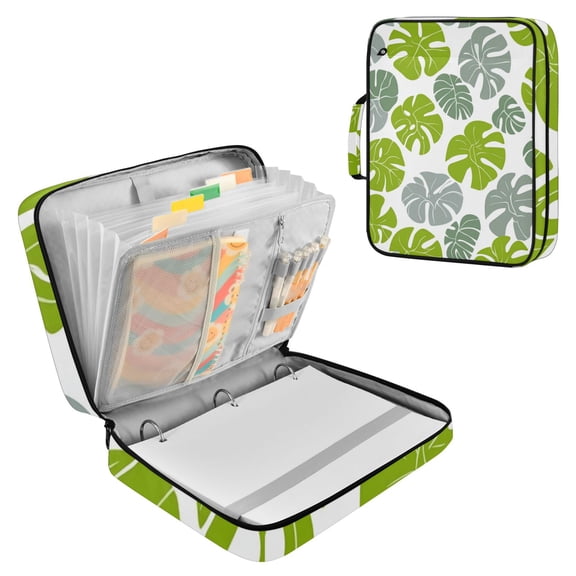 Cartoon Monstera Leaves Accordion File Organizer Expanding File Folder 3-Ring Binder Bag 500 Sheets A4 Size