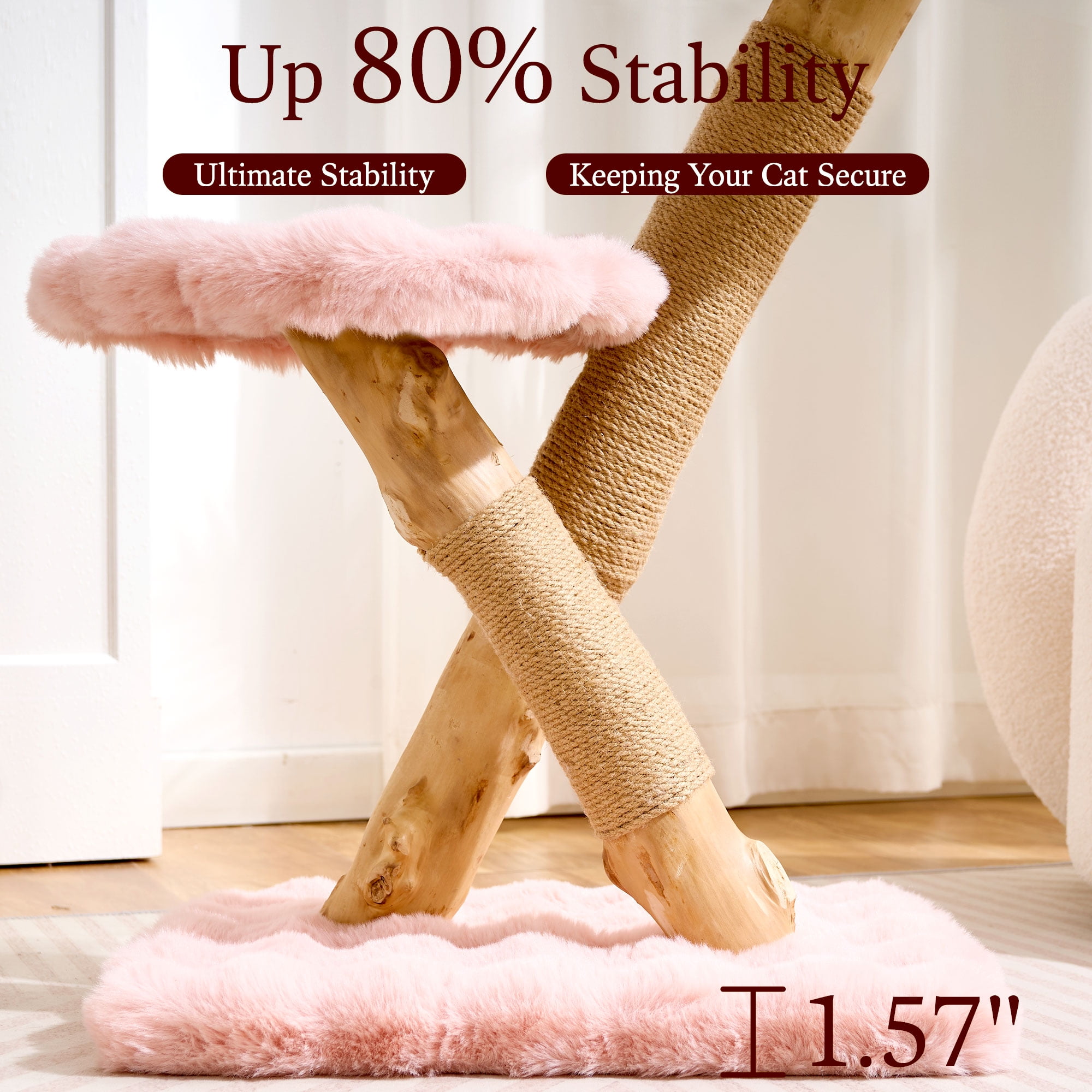HITTITE Natural Solid Wood Cat Tree Tower with Scratching Post, 32 Inches Tall Modern Cat Tower with Cozy Bed and Platforms, Luxury Real Branch Cat Tree for Indoor Cats Large Adult, Pink.