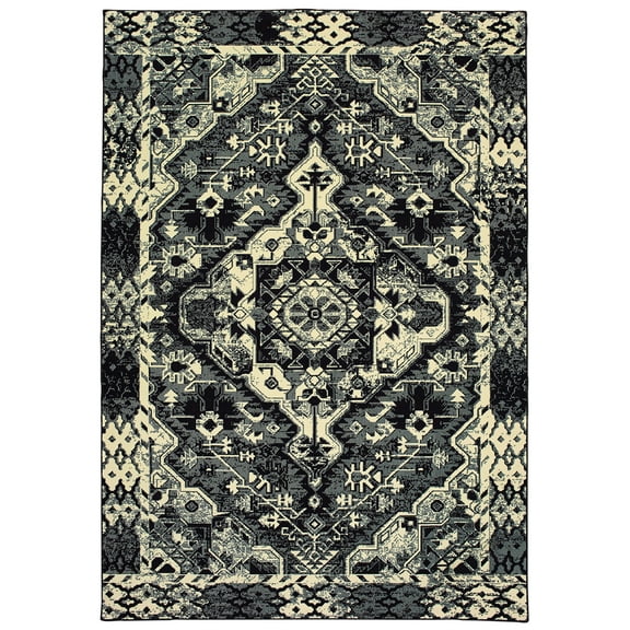 Moretti Henry Area Rug 5603K Black Medallion Scrolls 3' 10" x 5' 5" Rectangle