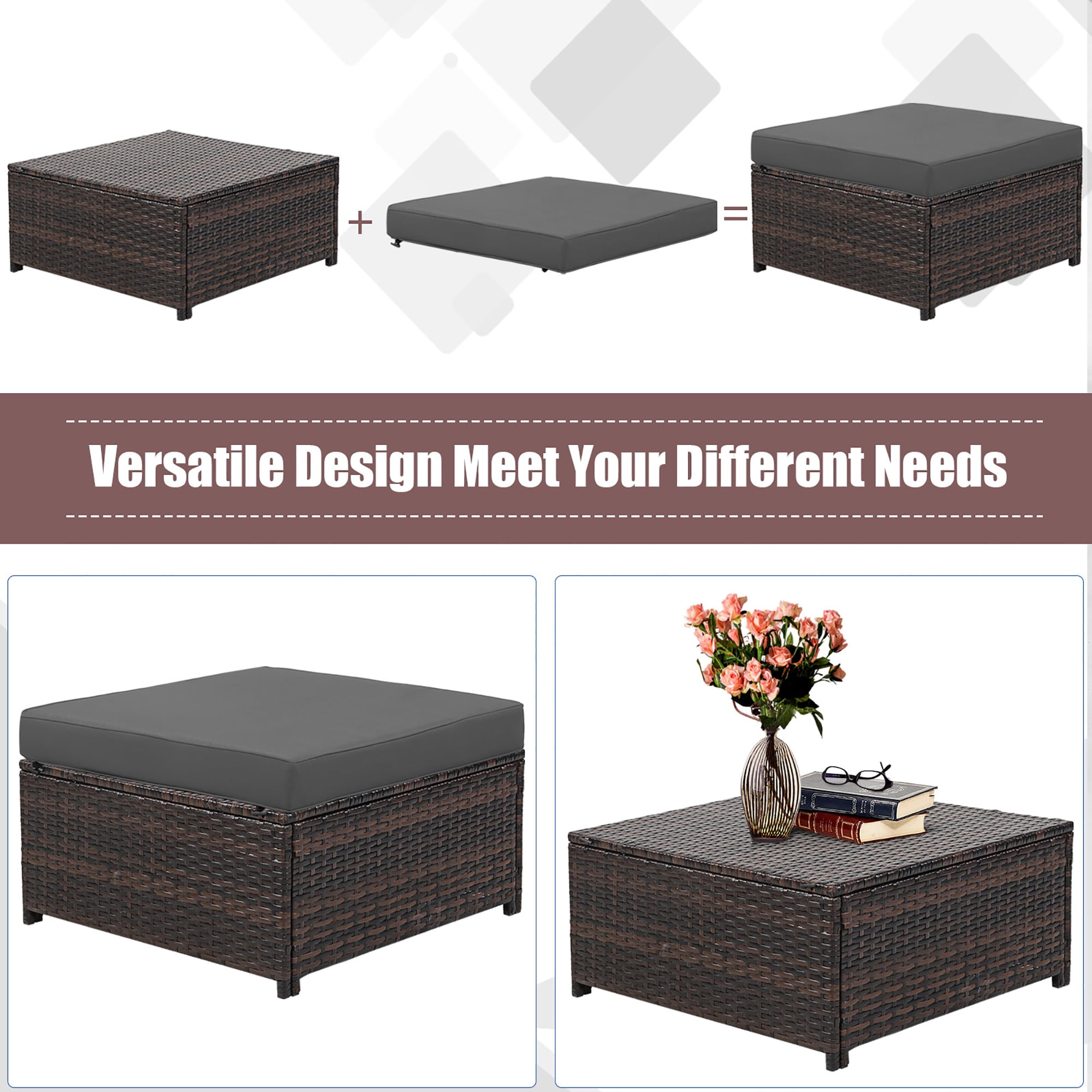 Costway 5PCS Patio Rattan Furniture Set Loveseat Sofa Ottoman Cushioned Gray