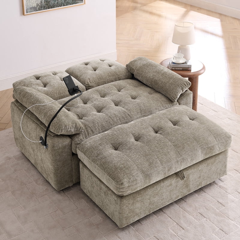 Double Sofa Recliner with Storage Ottoman, Manual Adjustable Reclining Loveseat with USB Charging Port, Phone Stand, and Soft Padded Armrests for Living Room, Apartment, and Home Theater