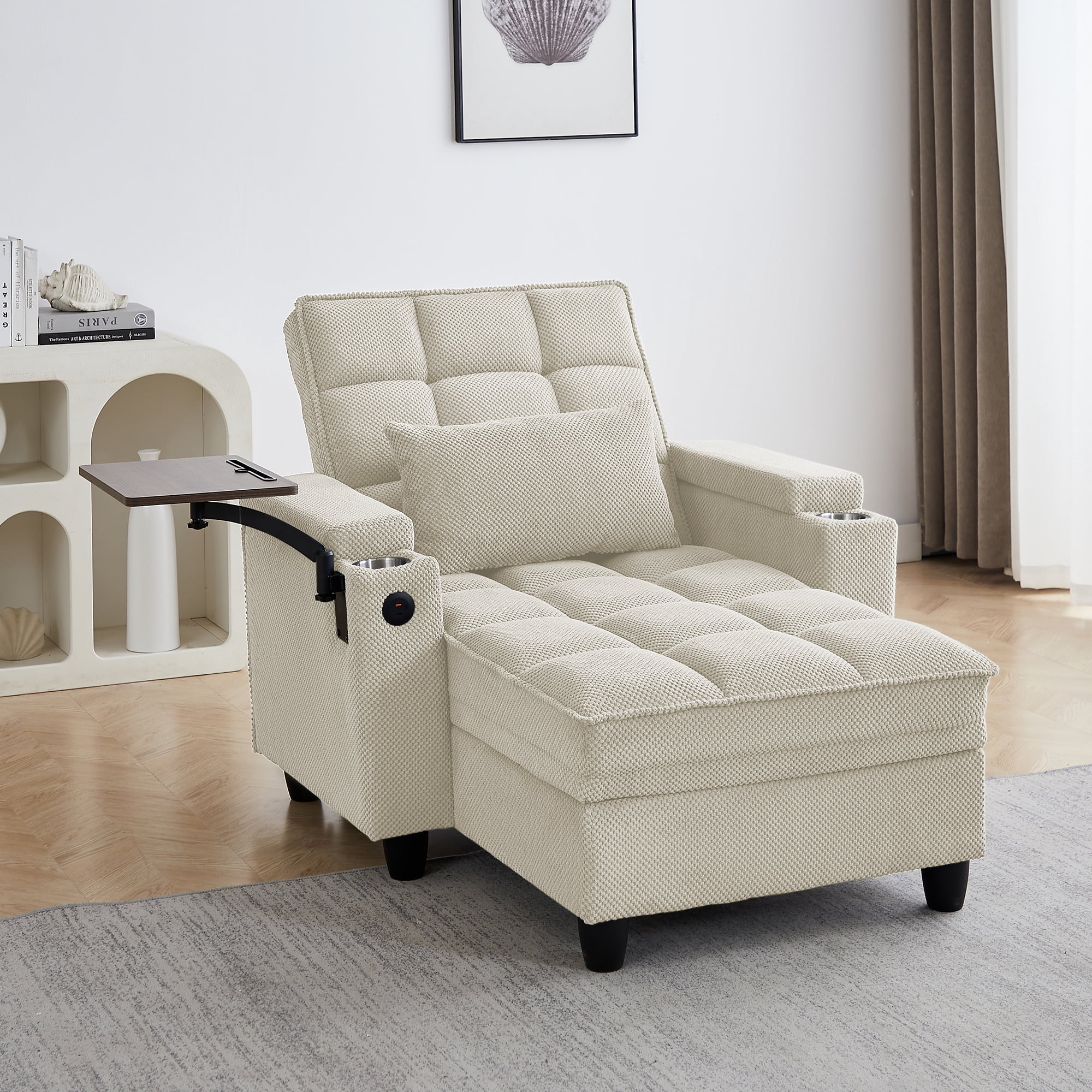 Gewnee 3-in-1 Convertible Sleeper Chair, Pull Out Single Sofa Bed with Adjustable Backrest, 360° Swivel Side Table, USB Charging Ports & Cup Holders, Ideal for Dorms & Offices, Beige