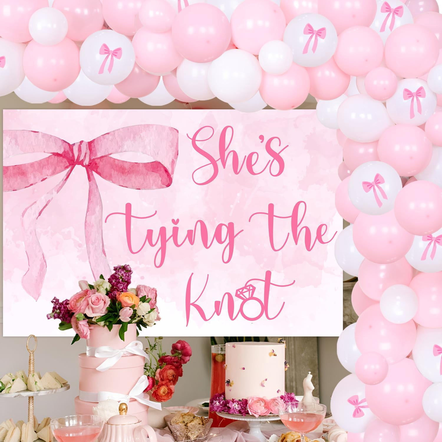 Merrystorm She's Tying The Knot Bridal Shower Decorations, Pink Bow Coquette Bachelorette Party Supplies Backdrop Banner Bow Balloon Garland Arch Kit for Women Bachelorette Bridal Shower