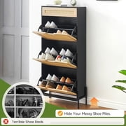 Natural Rattan 4 Flip Door Shoe Cabinet Organizer Freestanding, Shoe Rack Storage Cabinet for Entryway with 3-Tier Adjustable Shelves for Slippers, Sneakers, Heels, Boots