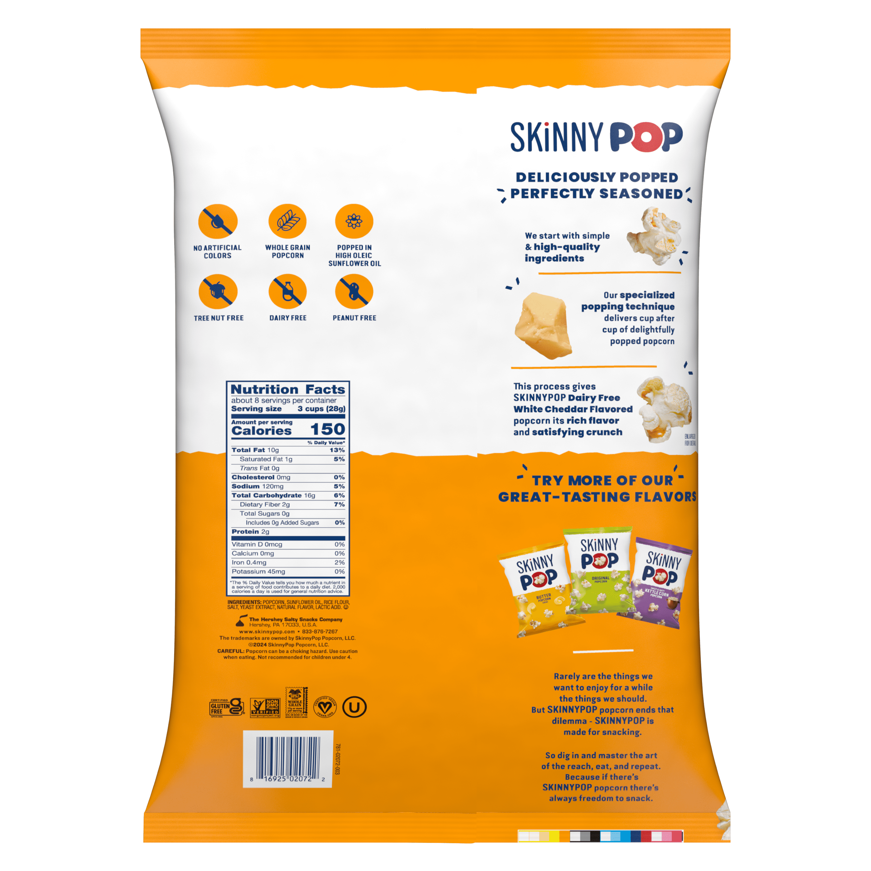 (6 pack) Skinnypop Dairy Free White Cheddar Popcorn, 8.0 oz Family Size Bag, Skinny Pop, Healthy Popcorn Snacks