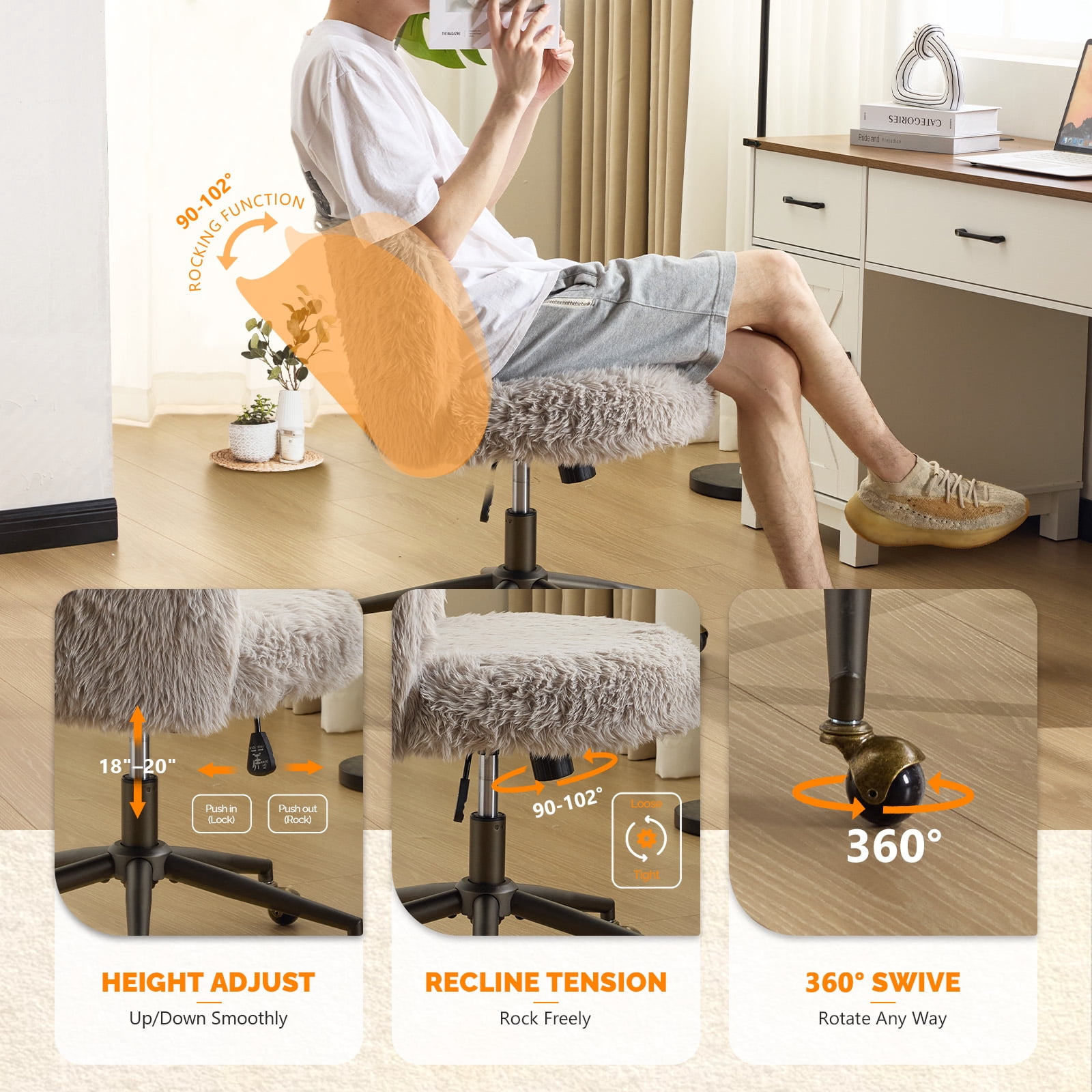 Ktaxon Vanity Chair, Adjustable Desk Chair with Metal Base and Swiveel Casters, Long Pile Fabric Makeup Chair for Women, Ideal for Office,Study and Home Gray