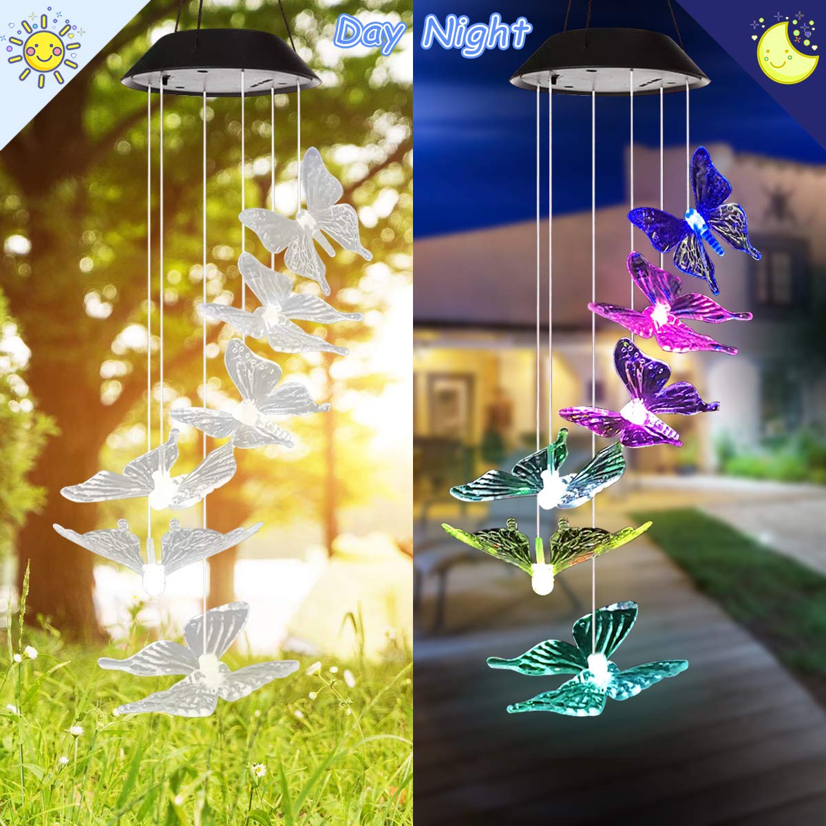 Solar Wind Chimes Outdoor, Waterproof Solar Butterfly Wind Chimes Color Changing LED Solar Powered Mobile Wind Chime, Hanging Decorative Romantic Patio Lights for Yard Garden Home Party - image 5 of 8