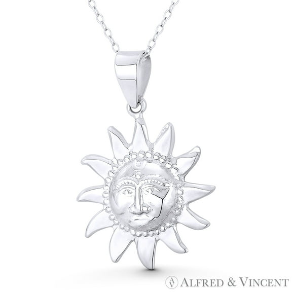 Sun Face Incan / Mayan Tribal Jewelry Astrological Charm 35x23mm (1.4x0.9in) Pendant & Chain Necklace in .925 Sterling Silver