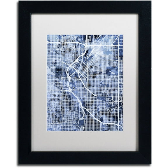 Trademark Fine Art "Denver Colorado Street Map B&W" Canvas Art by Michael Tompsett, White Matte, Black Frame