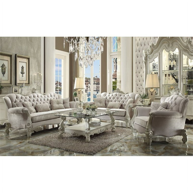 ACME Versailles Sofa with 5 Pillows in Ivory Velvet and Bone