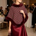 thumbnail image 2 of UTSJKR Women Tweed Knit Poncho Cape Faux Fur Trim Mock Neck Pullover Wrap Shawl for Formal Occasion Cold Season Wine, 2 of 9