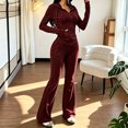 thumbnail image 4 of Womens 2 Piece Outfits Athleisure Sets Ribbed Long Sleeve Zip Up Hoodie and Flare Pants Matching Sets Bodycon Workout Tracksuit Casual Going Out Outfits, 4 of 8