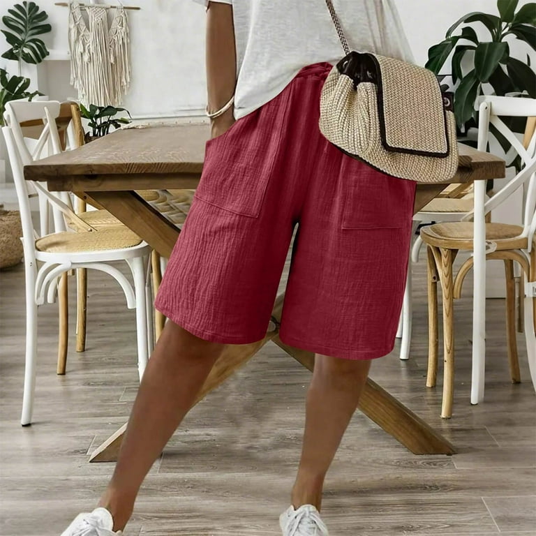 TQWQT Linen Shorts for Women Dressy Casual Bermuda Shorts Knee