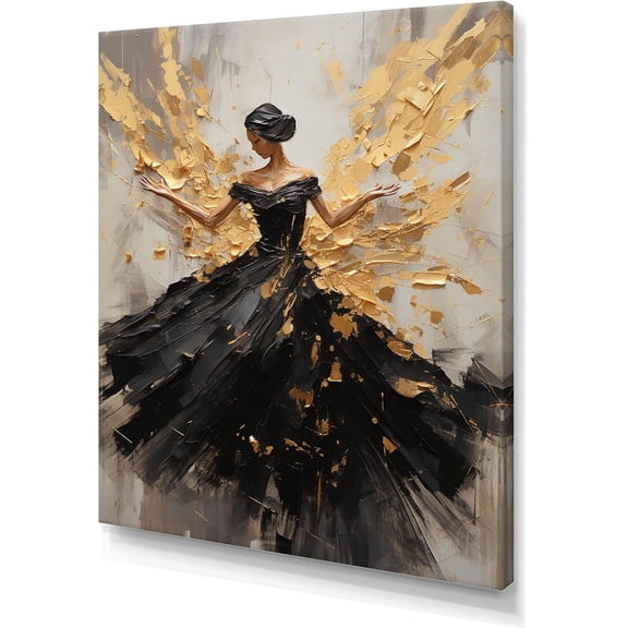 DesignQ dance Wall art decor, Dance Wall Art, Splashing In Gold And Black Dance, beige Canvas wall art, 34x44 inches