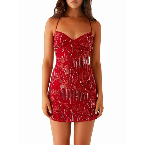 Women's Sequined Sparkling Short Dress with Rhinestones, Sleeveless Deep V-Neck Backless Party Mini Dress Red S